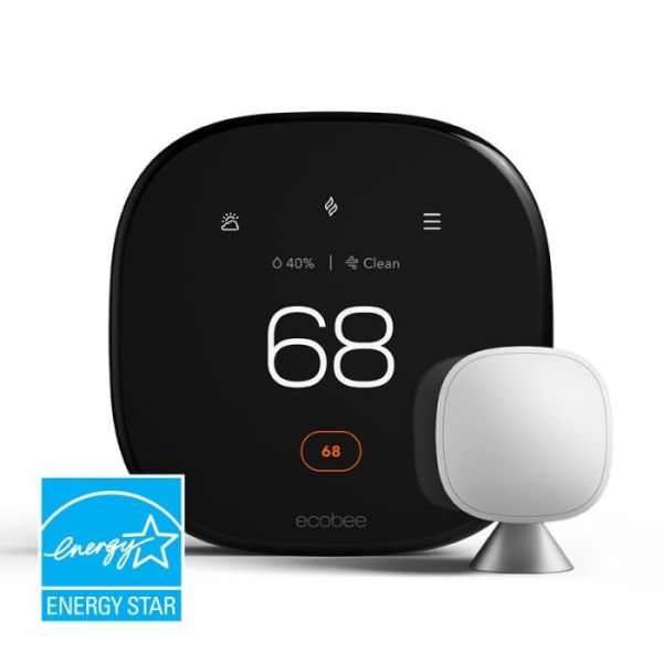 A black colored ecobee Premium Smart Thermostat with a small white SmartSensor on a white  background and a blue EnergyStar logo in the left corner