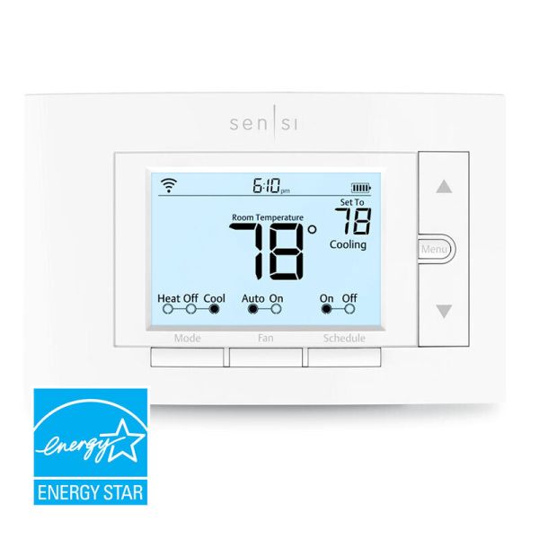 A white colored Sensi Smart Thermostat on a white background and a blue EnergyStar logo in the left corner