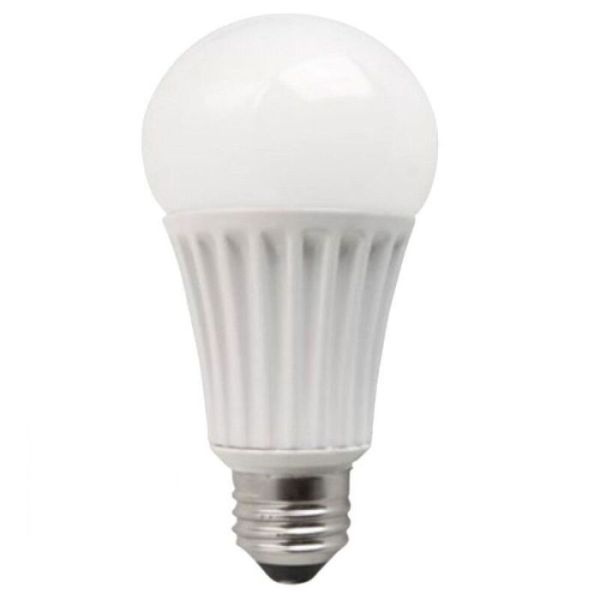 A single TCP Standard A21 3-Way 40/60/100W Warm White LED lightbulb on a white background