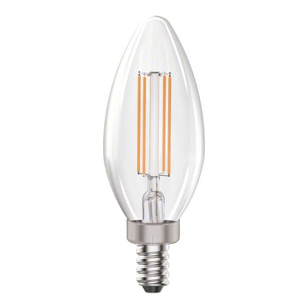 EarthTronics Filament Candle E12 Dimmable 40W Warm White LED lightbulbs in a 4-pack on a white background