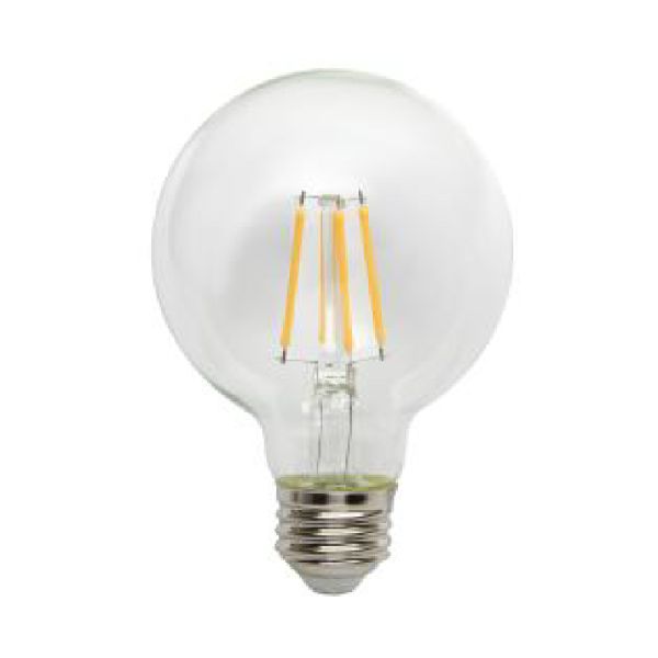 Filament Globe E26 60W Warm White LED lightbulbs in a  4-pack on a white background