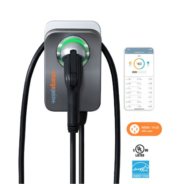 A grey ChargePoint Home Flex Level 2 EV with a green plug light on, a screenshot of the app, and a blue Energy Stat logo