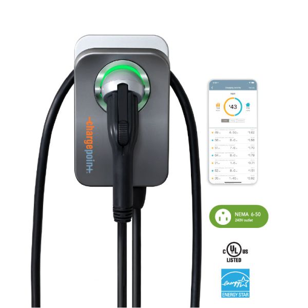A grey ChargePoint Home Flex Level 2 EV with a green plug light on, a screenshot of the app, NEMA specifications, and a blue Energy Star logo