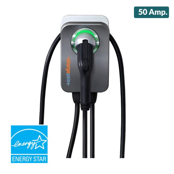 A grey ChargePoint Home Flex Level 2 EV with a green plug light on and a blue Energy Star logo