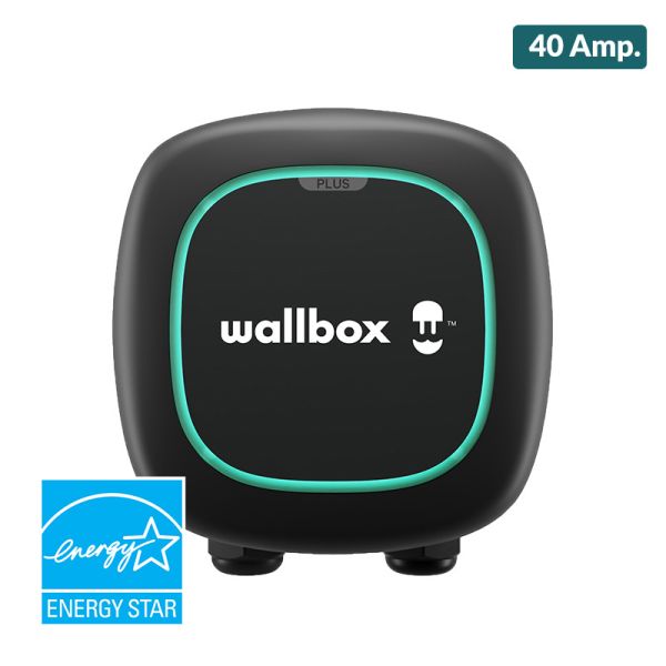 A black Wallbox Pulsar Plus 40 Amp Plug-in EV Charger with a glowing green border and a blue Energy Star Logo