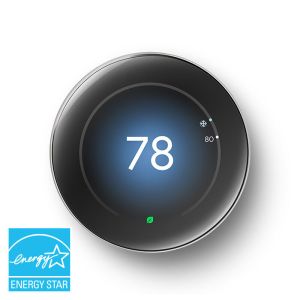 A black colored Google Nest Learning Thermostat on a white background and a blue EnergyStar logo in the left corner