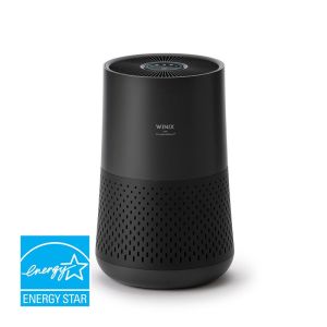 A black colored Winix A230 Air Purifier on a white background and a blue Energy Star logo